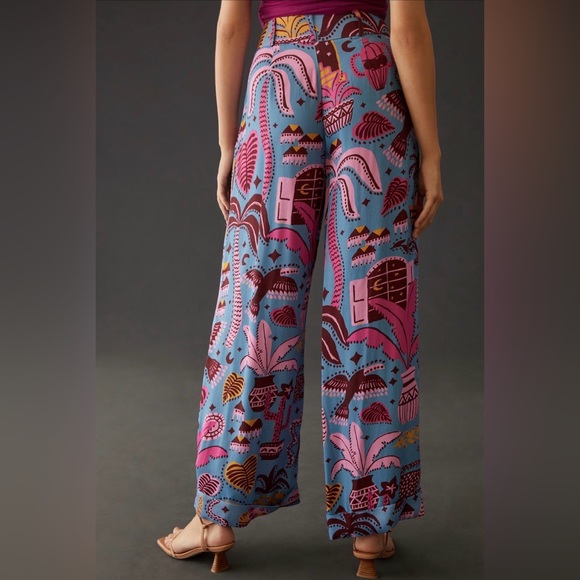 New Farm Rio Blue Tropical Satin Print Wide Leg Pants XS $178 New - Picture 2 of 6